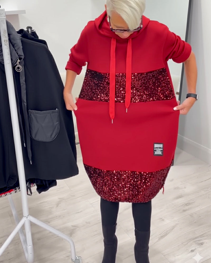 Mansherry - Modisches Patchwork Kleid Mit Kapuze