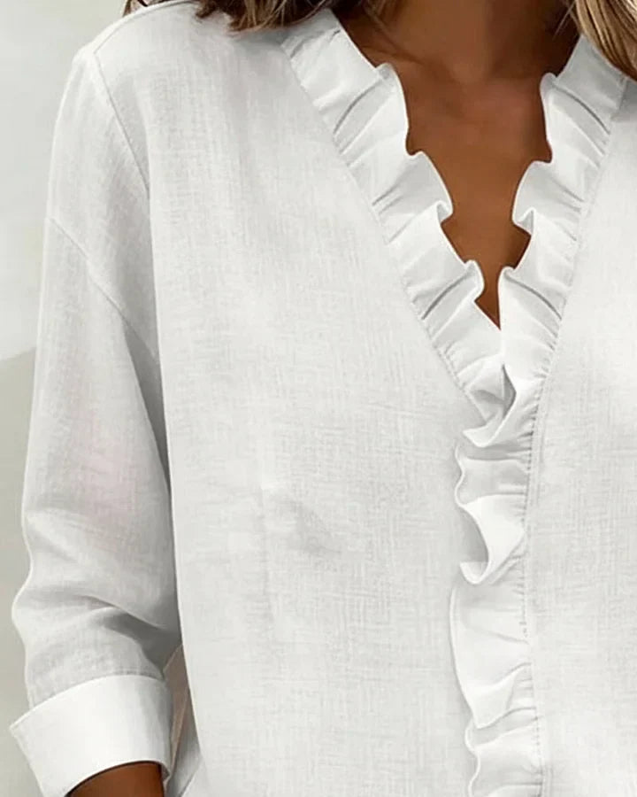 Aletta – Bluse Mit Rüschen, V-Ausschnitt Und Langen Ärmeln
