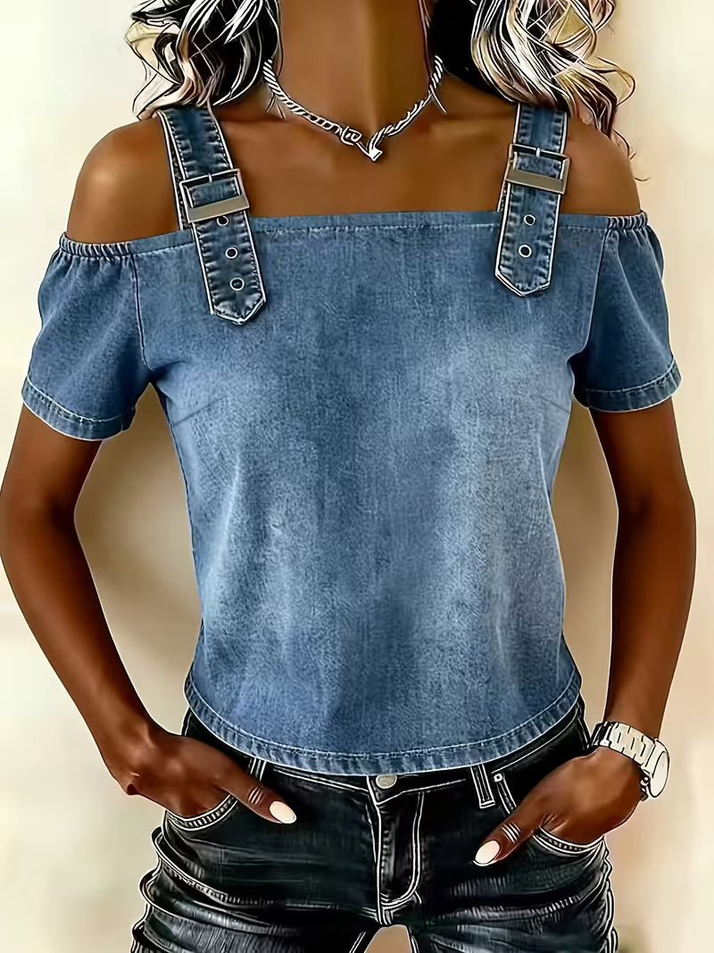 Kenia – Schulterfreir-Top aus Denim mit kurzen Ärmeln