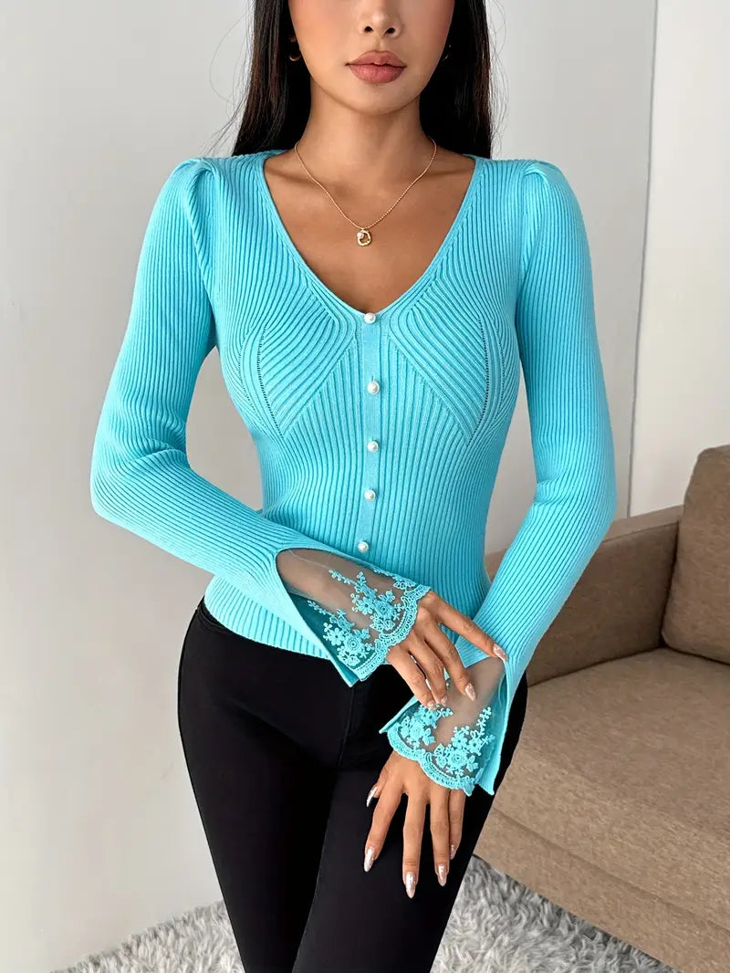 Visenna – Eleganter Pullover Mit V-Ausschnitt Und Spitzenärmeln
