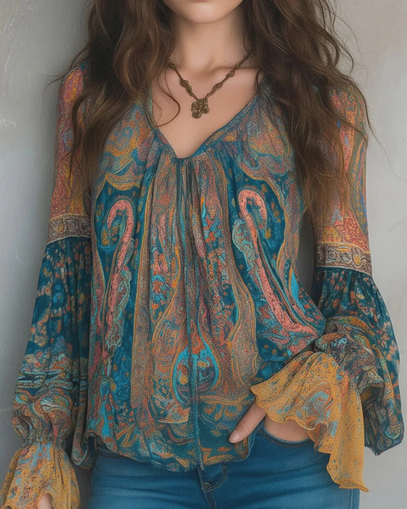 Izabella – Bluse im Bohemian-Stil Mit V-Ausschnitt Und Ausgestellten Ärmeln