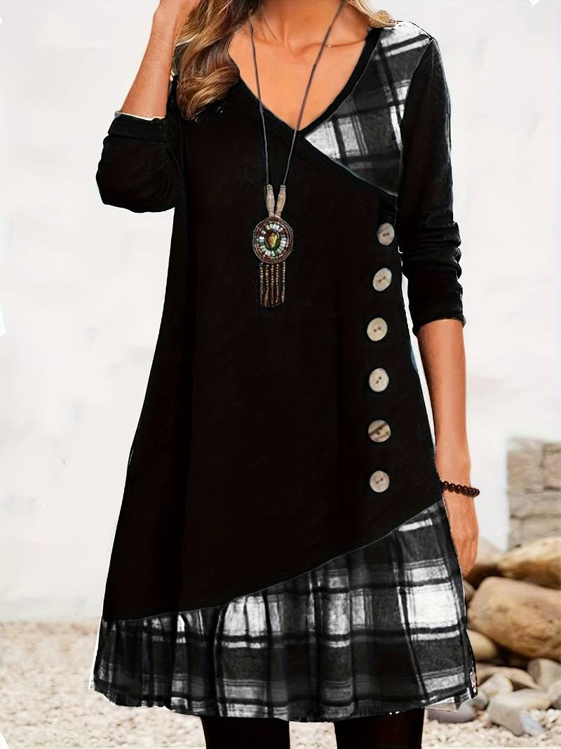 Alinor - Lässiges Kariertes Patchwork Kleid Mit Langen Ärmeln