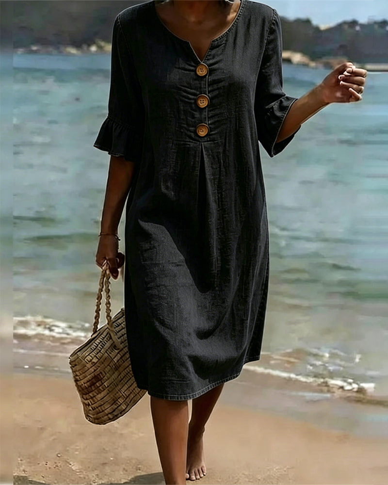 Fammke - Kleid Mit Blattmuster Und Jeansärmeln