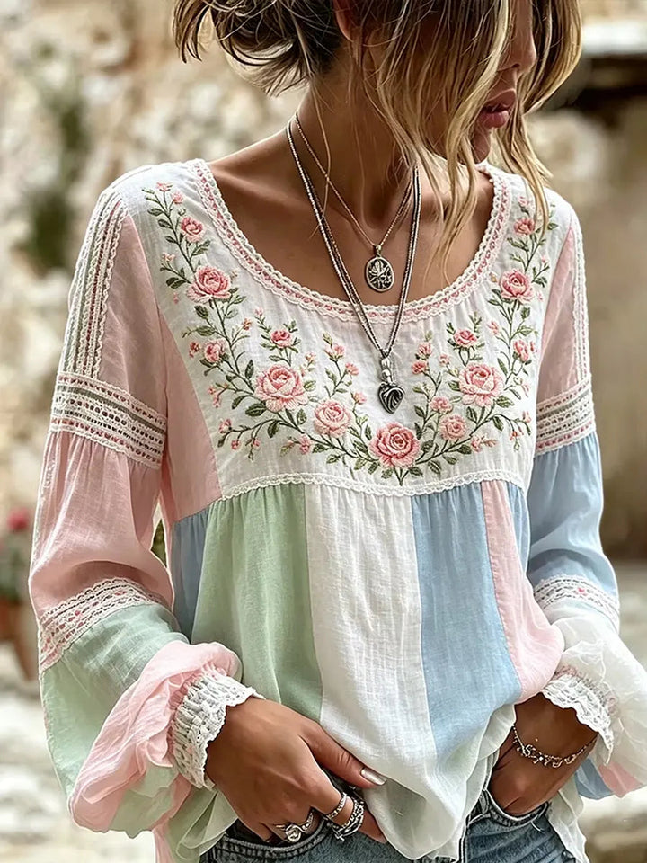 Esraa - Leinenbluse Mit Besticktem Blumenkragen