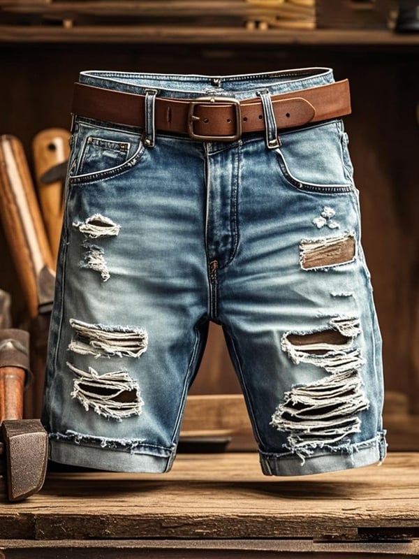 Herren Vintage Outdoor Funktions-Shorts Aus Zerrissenem Denim