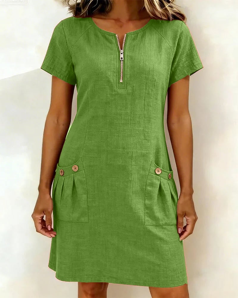 Krystan – Kurzärmeliges Utility Kleid Mit Reißverschluss Vorne