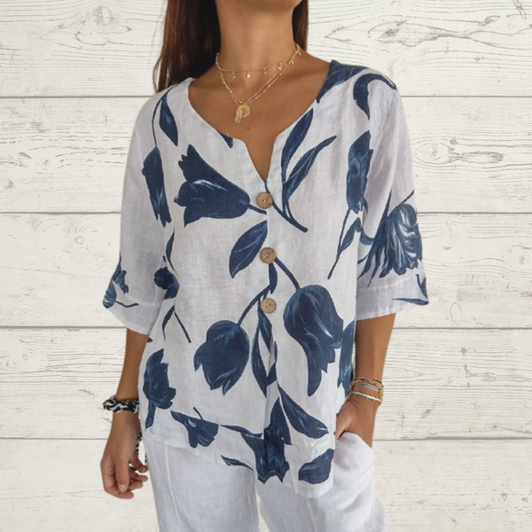 Despoina – Elegantes Oberteil Mit Blumen Muster Und Knöpfen