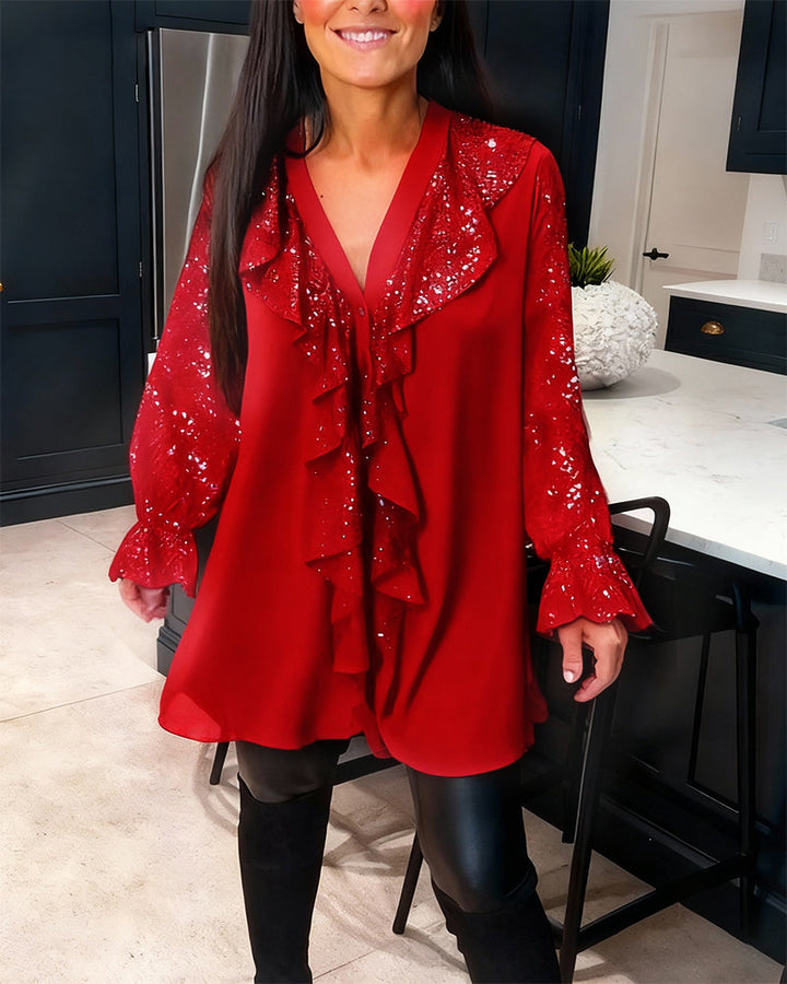 Alexiss – Bluse Mit V-Ausschnitt Und Funkelnden Rüschen