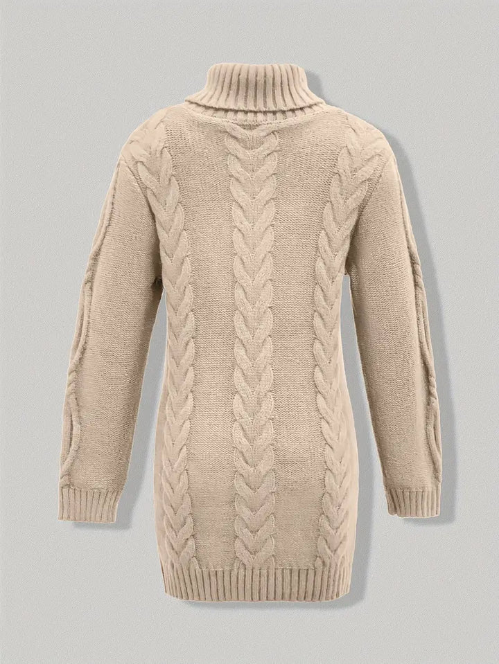 Narda - Klobig Kabel Gestrickt Rollkragen Kleid