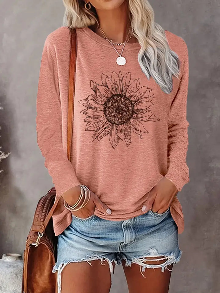 Levine – Elegantes Langarm Tunika Oberteil Mit Sonnenblumen Drucken