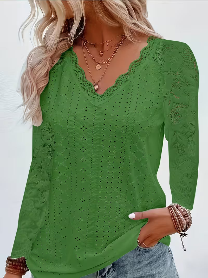Shaleva - Stylisches Langarm Shirt Mit Spitzen V-Ausschnitt