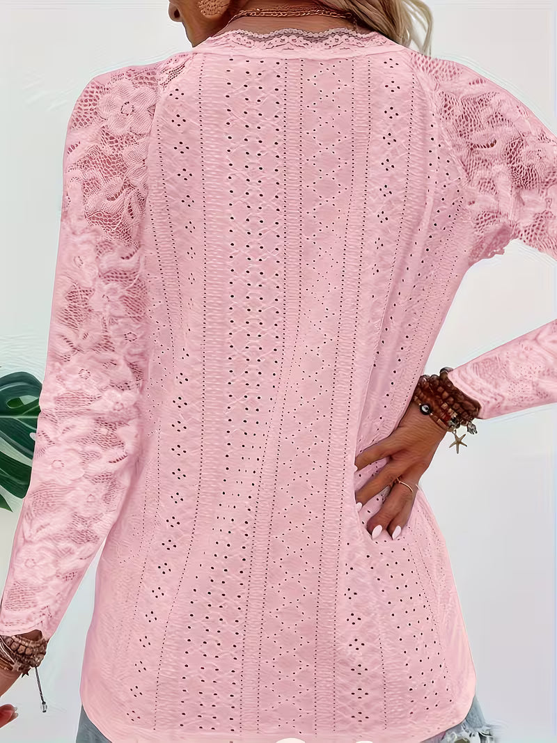 Shaleva - Stylisches Langarm Shirt Mit Spitzen V-Ausschnitt