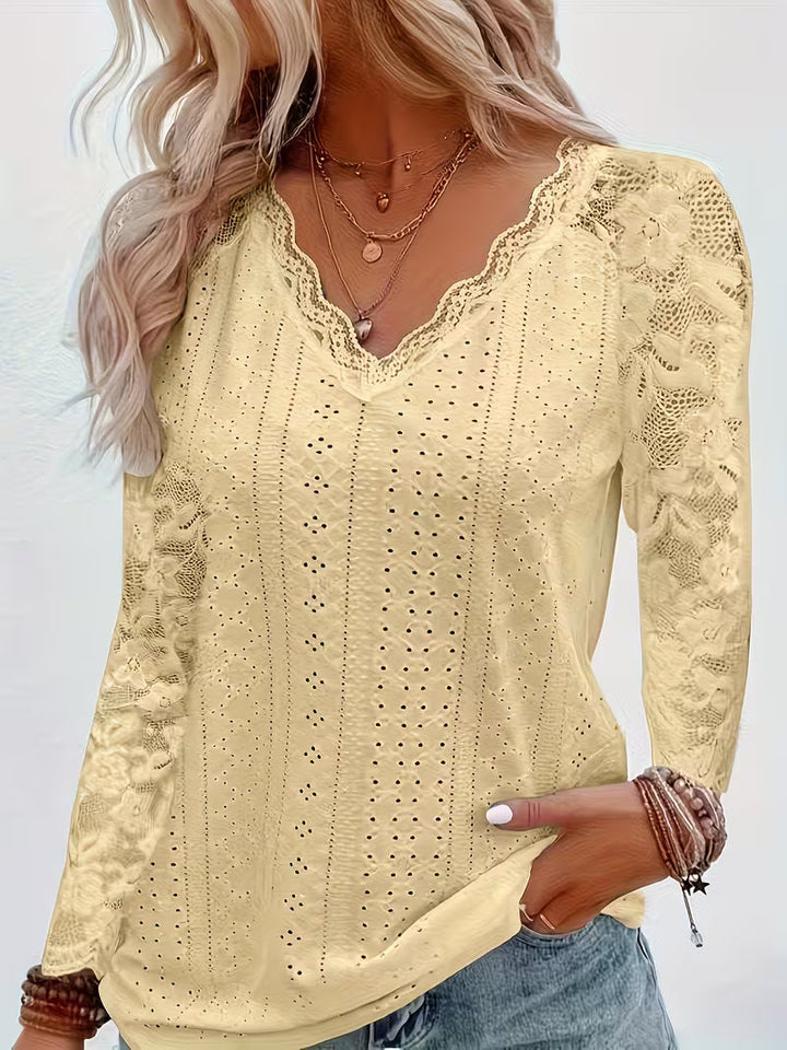 Shaleva - Stylisches Langarm Shirt Mit Spitzen V-Ausschnitt