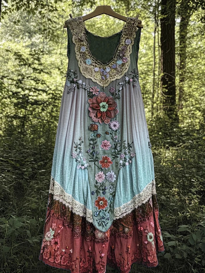 Evabella – Flickwerk-Kunst-Leinen-Tank Kleid