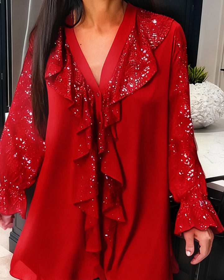 Alexiss – Bluse Mit V-Ausschnitt Und Funkelnden Rüschen