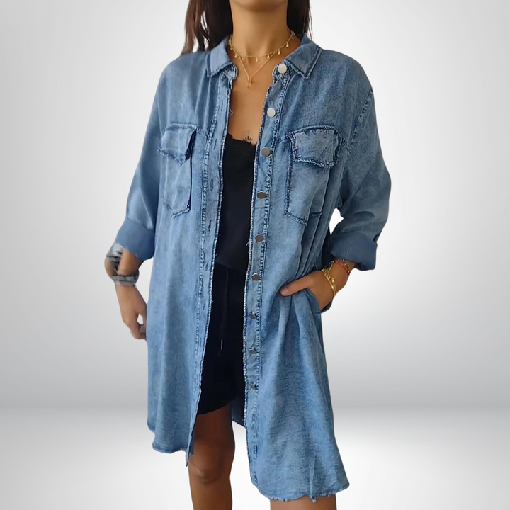 Krystyna – Stilvolle Jeansjacke Mit Langen Ärmeln und Kragen