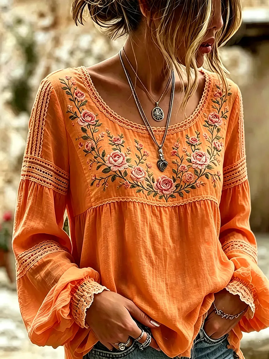 Esraa - Leinenbluse Mit Besticktem Blumenkragen