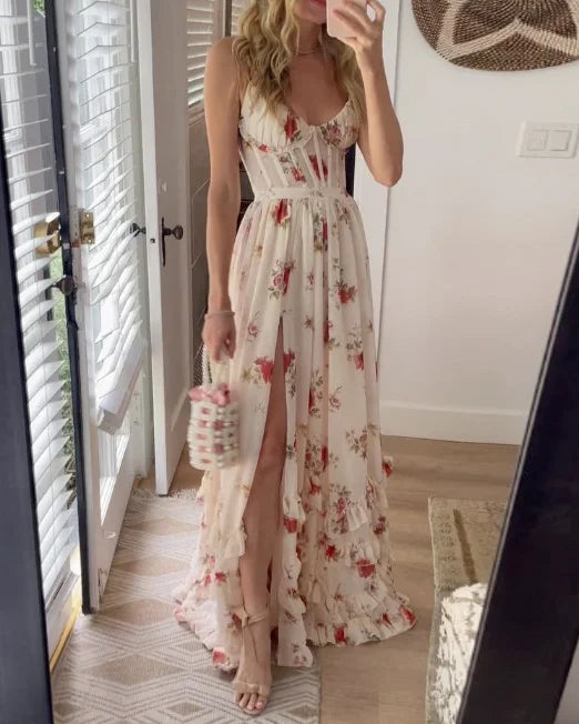 Vincena - Maxikleid Mit Blumenmuster Und Rüschen am Saum