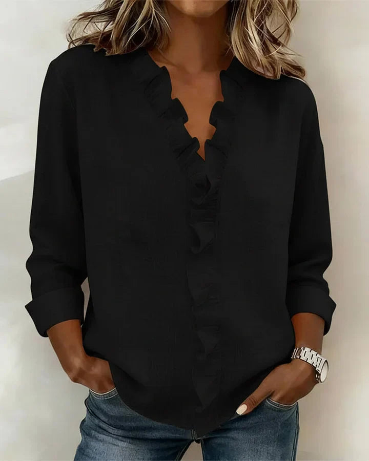 Aletta – Bluse Mit Rüschen, V-Ausschnitt Und Langen Ärmeln
