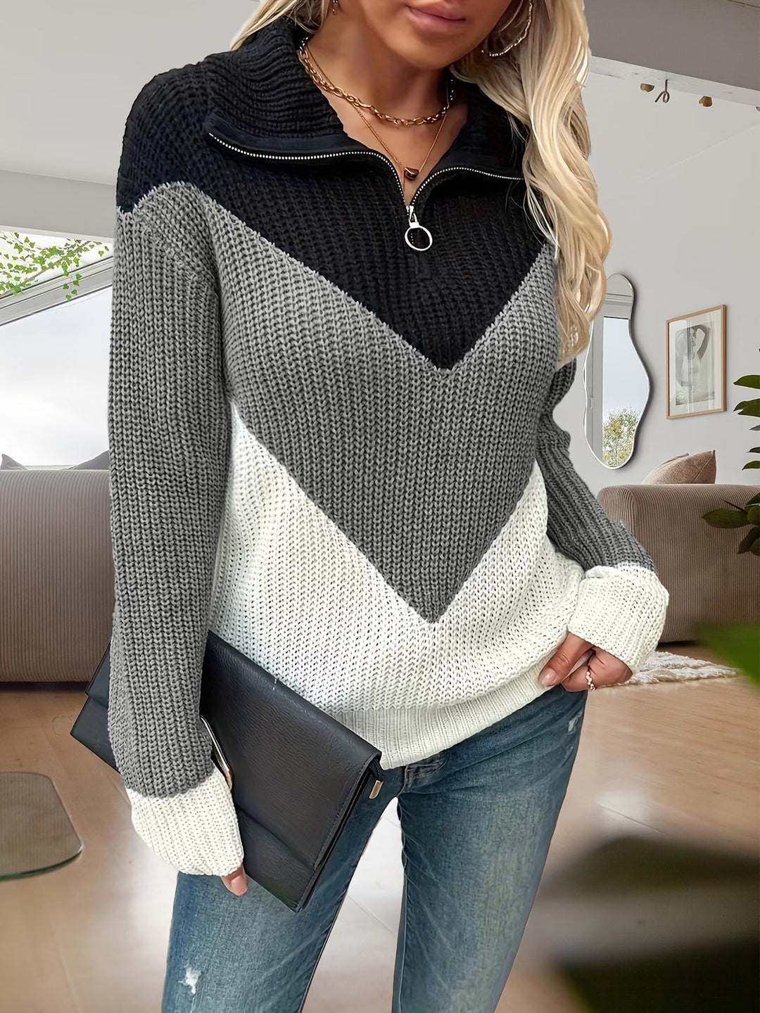 Fagina – Eleganter Strickpullover Mit Halbem Reißverschluss