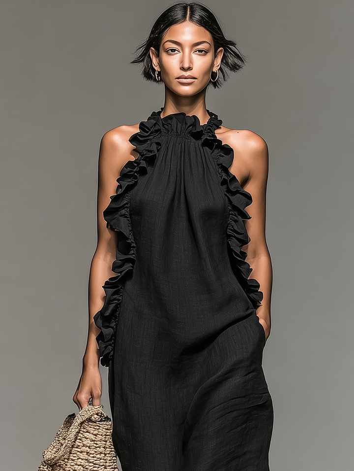 Fiora – Ärmelloses, langes Kleid mit Rüschen, Neckholder-Ausschnitt und Taschen