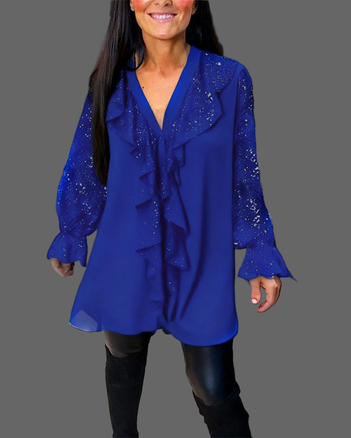 Moxie – Rüschenbluse mit V-Ausschnitt und funkelnden Pailletten