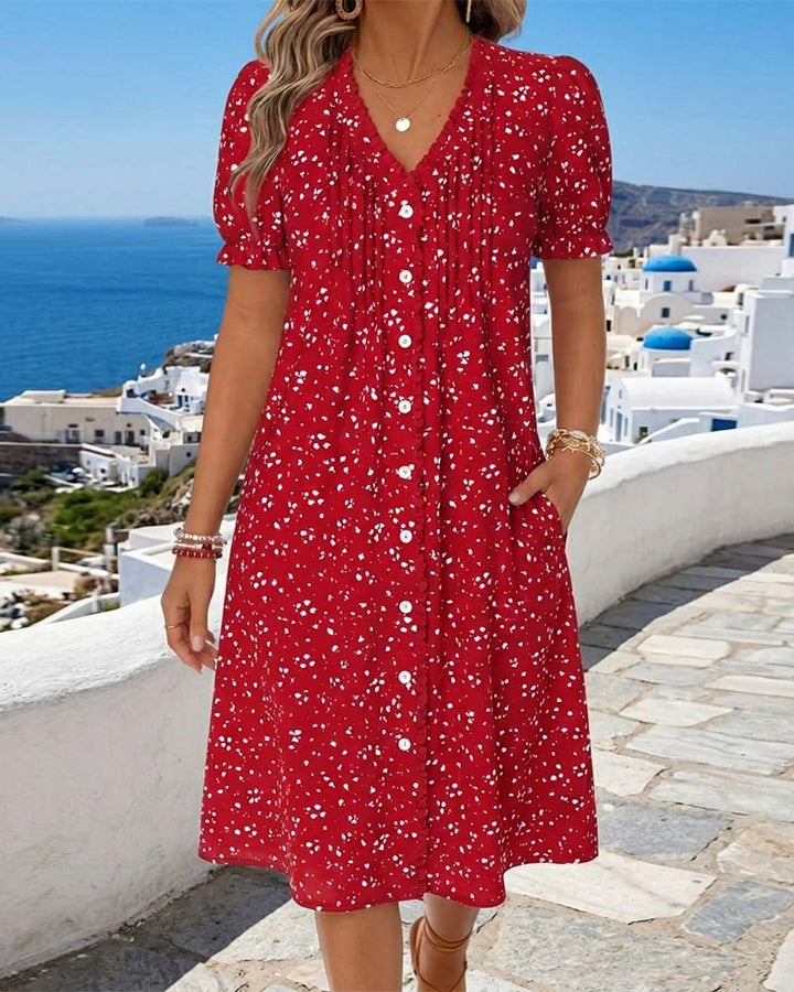 Dayma - Kleid Mit V-Ausschnit Blumenmuster Und Knopfleiste