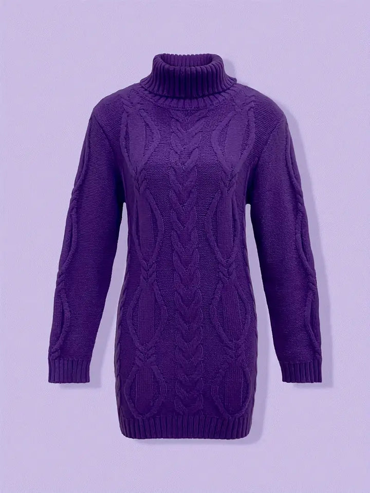 Narda - Klobig Kabel Gestrickt Rollkragen Kleid