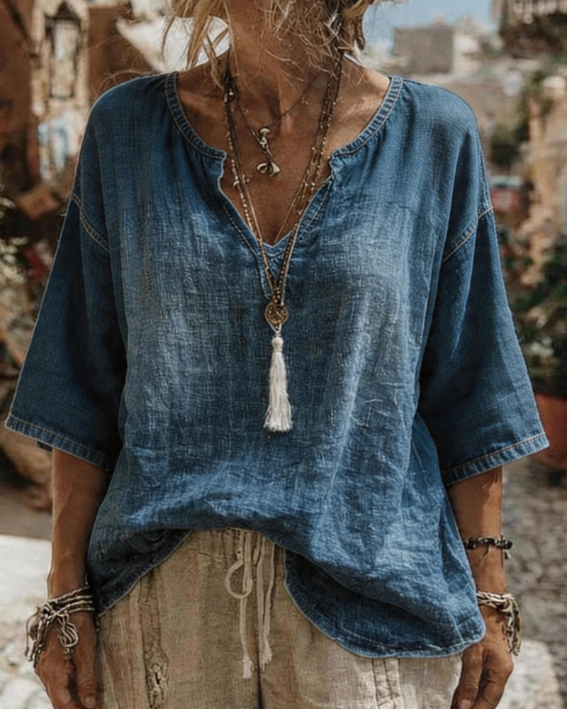 Syleena – Jeans-Top Mit V-Ausschnitt Und Halben Ärmeln