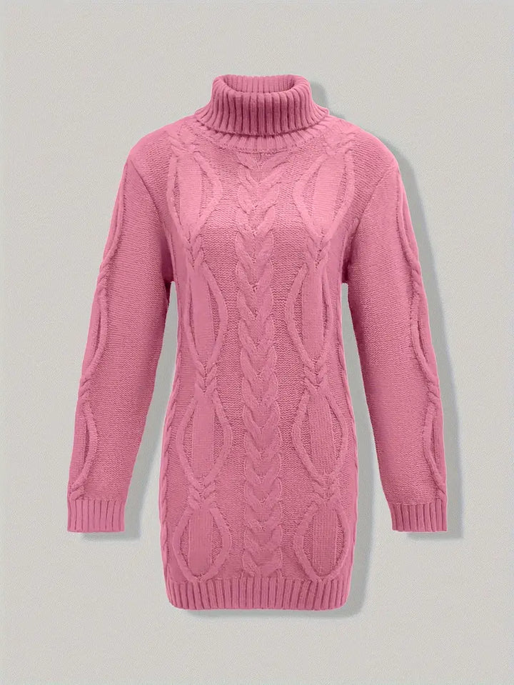 Narda - Klobig Kabel Gestrickt Rollkragen Kleid