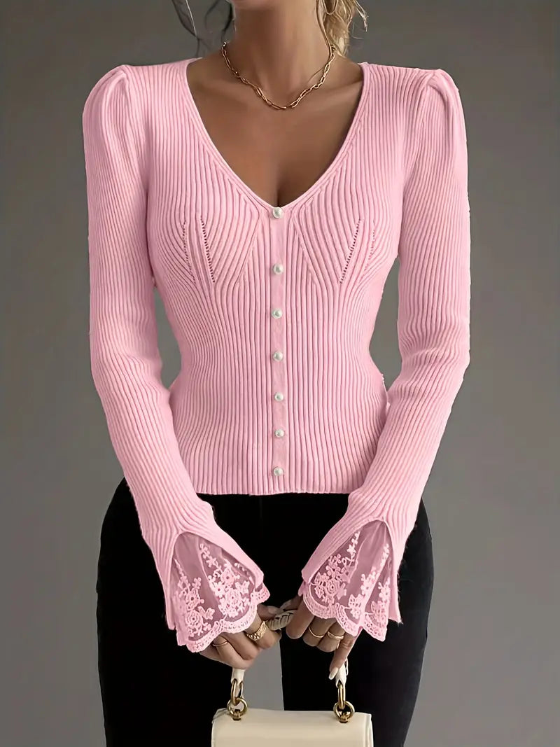 Visenna – Eleganter Pullover Mit V-Ausschnitt Und Spitzenärmeln