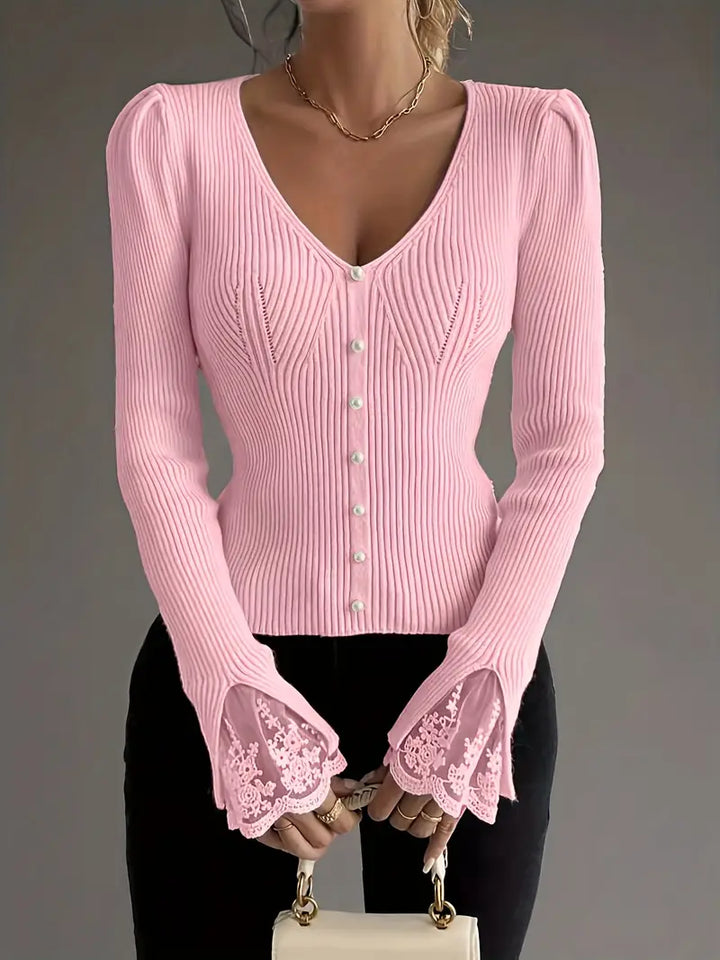 Visenna – Eleganter Pullover Mit V-Ausschnitt Und Spitzenärmeln