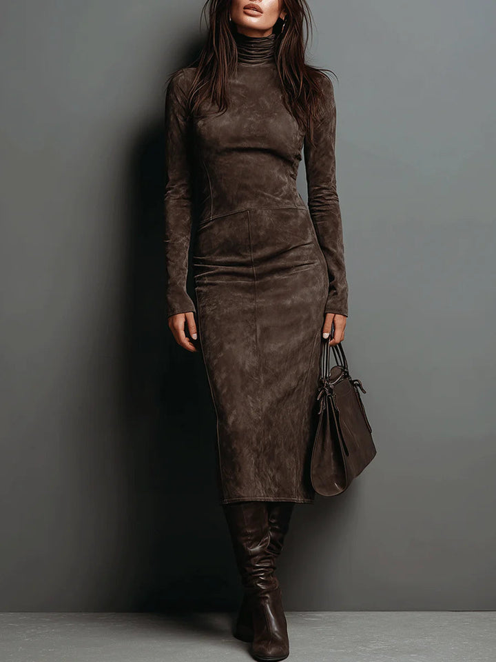 Jelina – Midi Kleid Aus Wildleder Mit Hohem Kragen