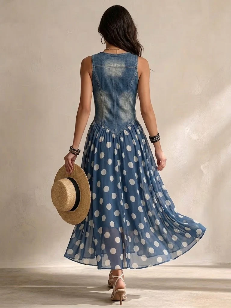 Vylina – Jeans Kleid Mit Chiffonrock Mit Polka-Dots