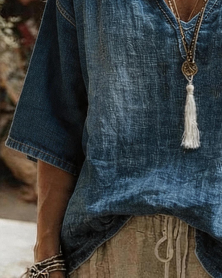 Syleena – Jeans-Top Mit V-Ausschnitt Und Halben Ärmeln
