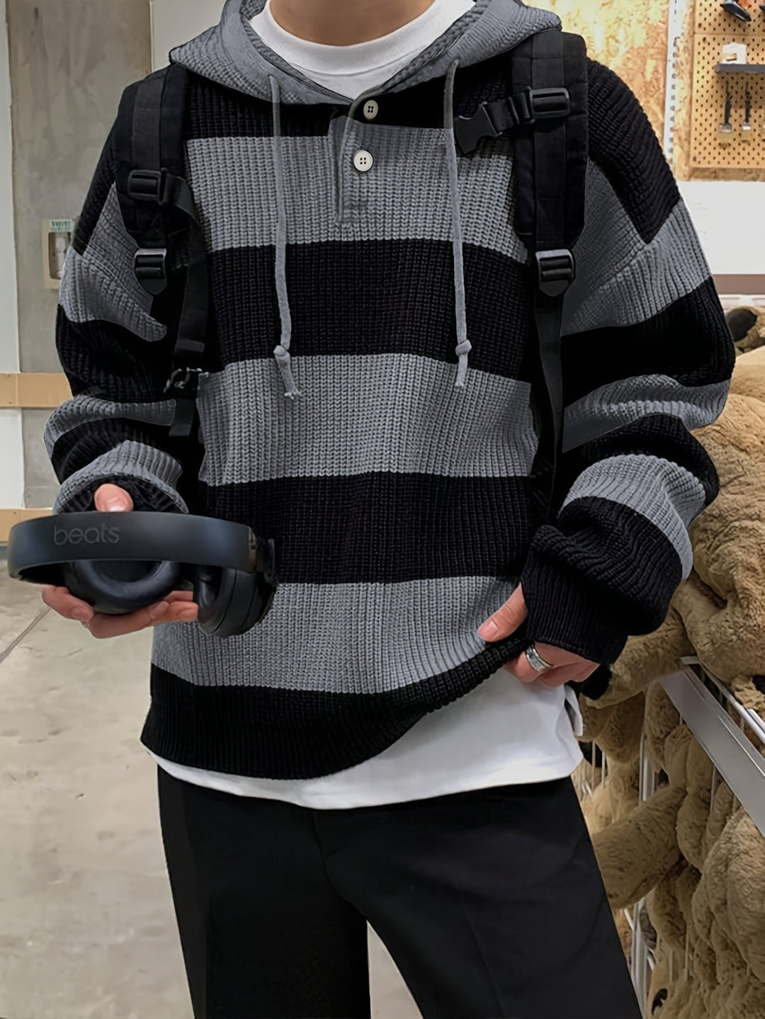 Tenzin – Übergröße Gestreift Gestrickt Kapuzenpullover