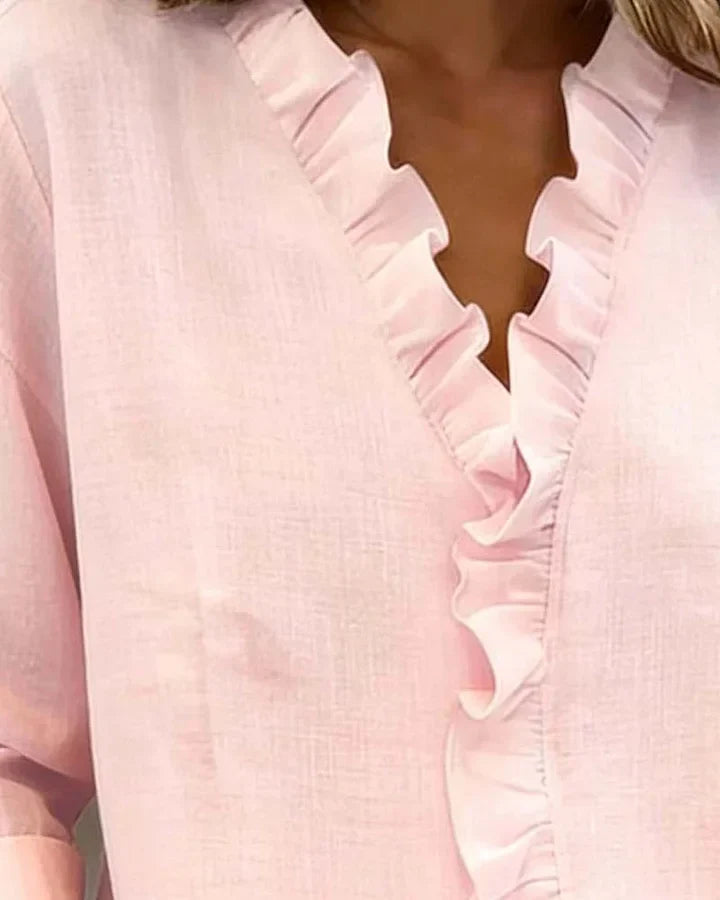 Aletta – Bluse Mit Rüschen, V-Ausschnitt Und Langen Ärmeln