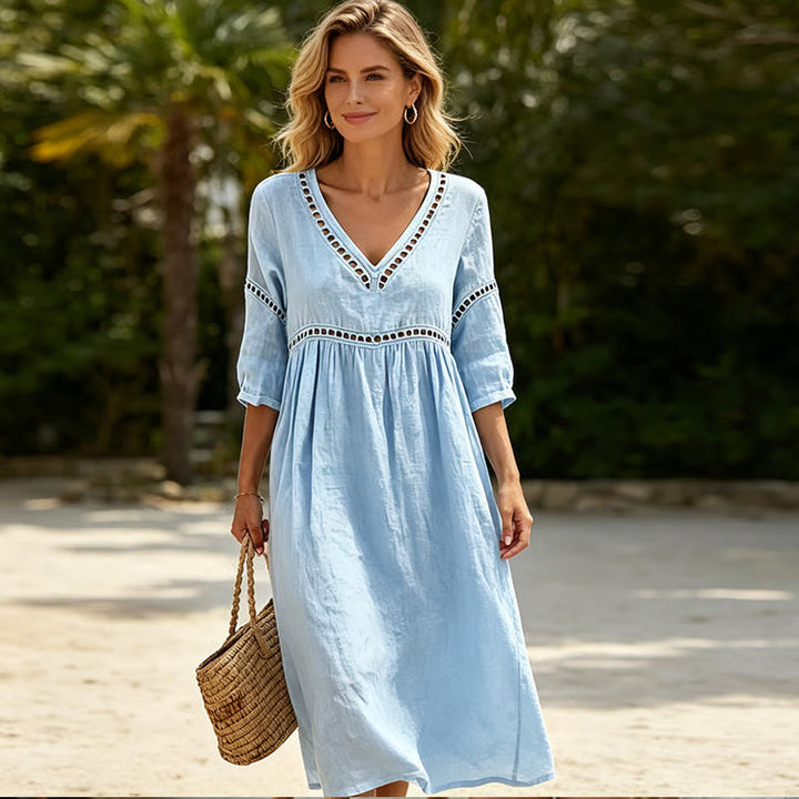 Mikela - Midi Kleid Mit V-ausschnitt Und Durchbrochenem Besatz