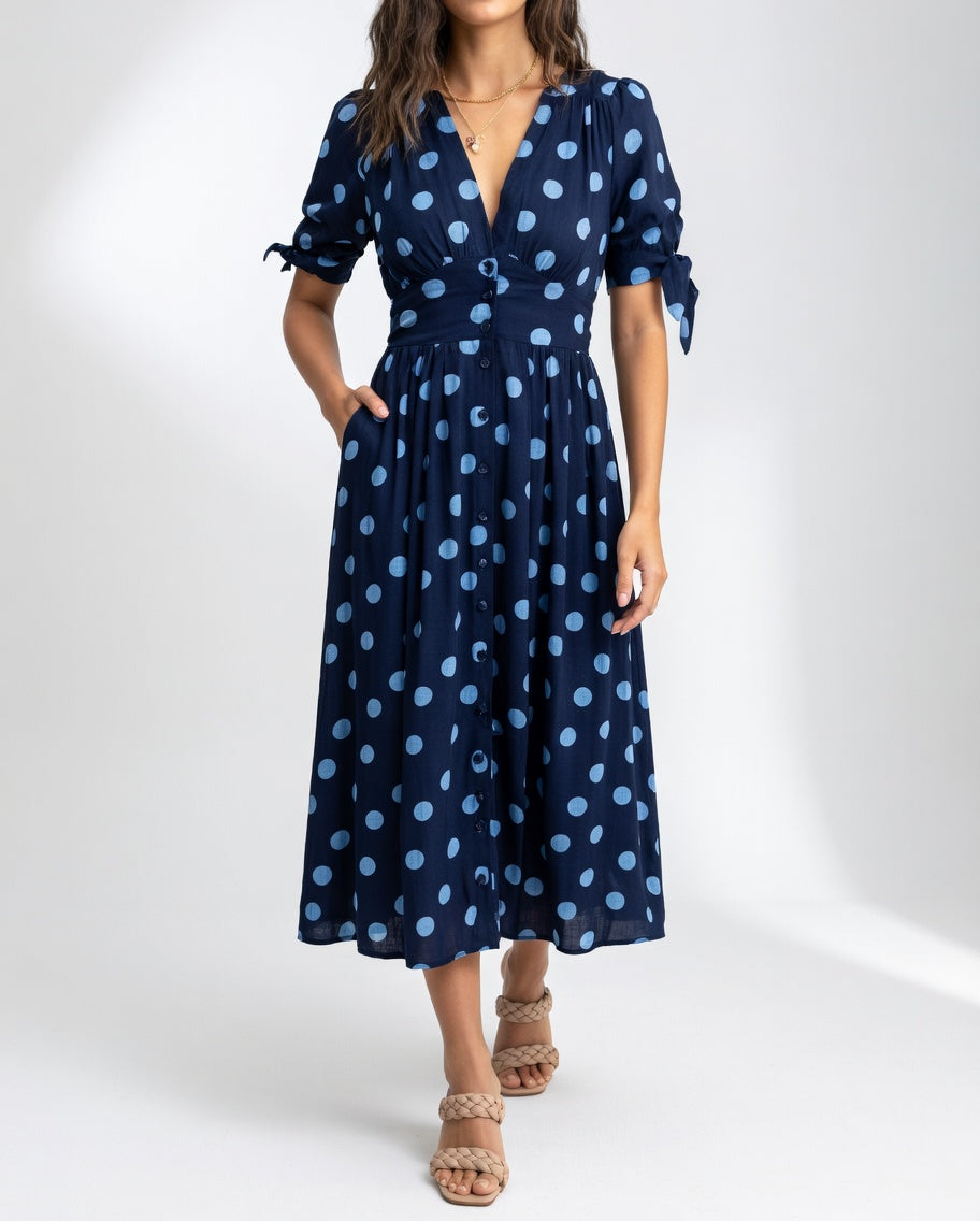 Fabienne - Elegantes Midi Kleid Mit Polka Dot Muster