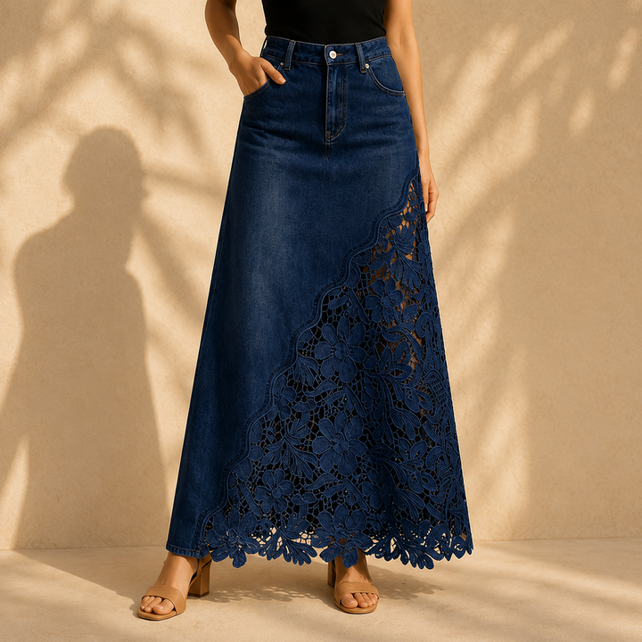 Khaingan - Maxirock Aus Denim Mit Spitzenbesatz