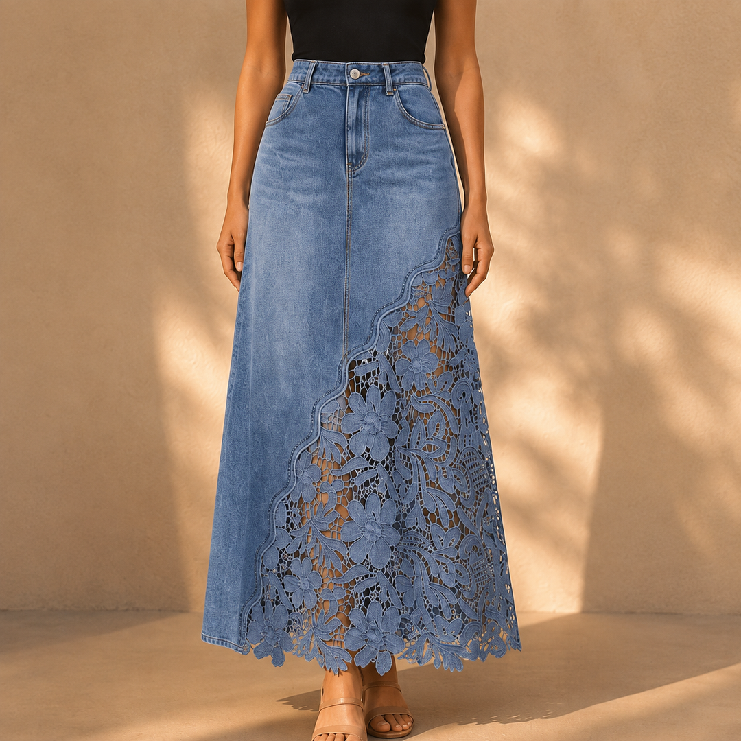 Khaingan - Maxirock Aus Denim Mit Spitzenbesatz