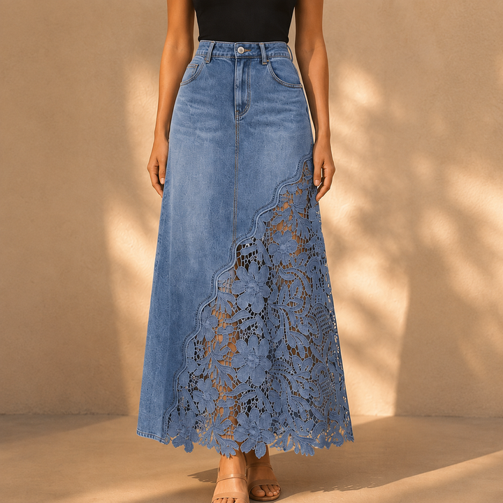 Khaingan - Maxirock Aus Denim Mit Spitzenbesatz