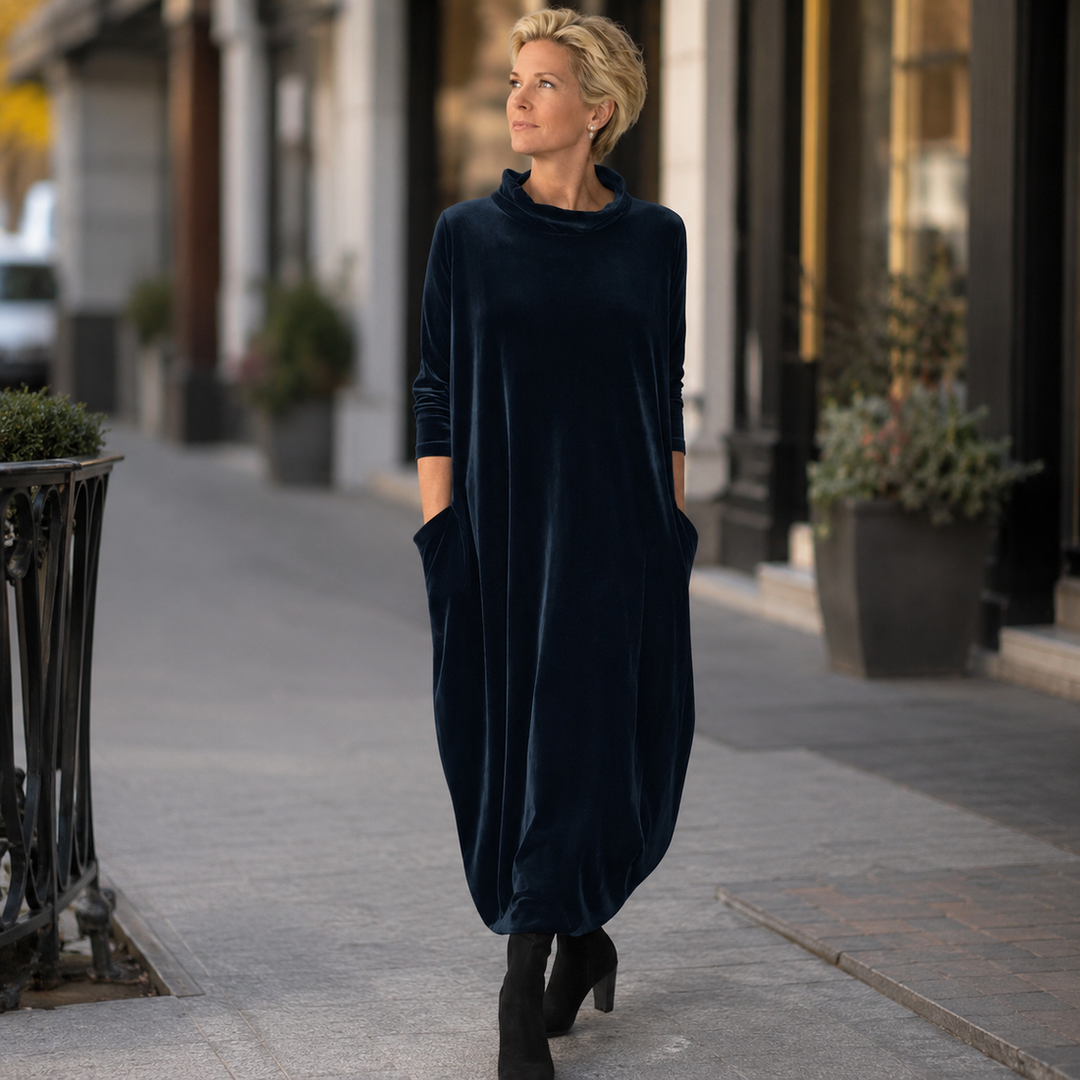 Lellina – Maxikleid Aus Samt Mit Hohem Kragen Und Lockerer Passform