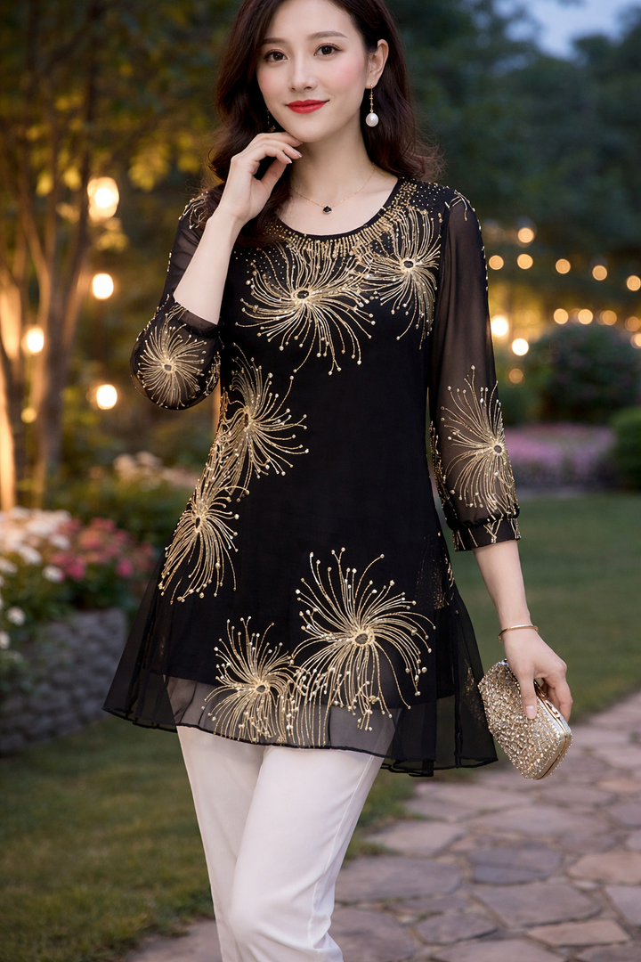 Skirmante - Bedruckte Lappen Oberteile Mit Rundhalsausschnitt