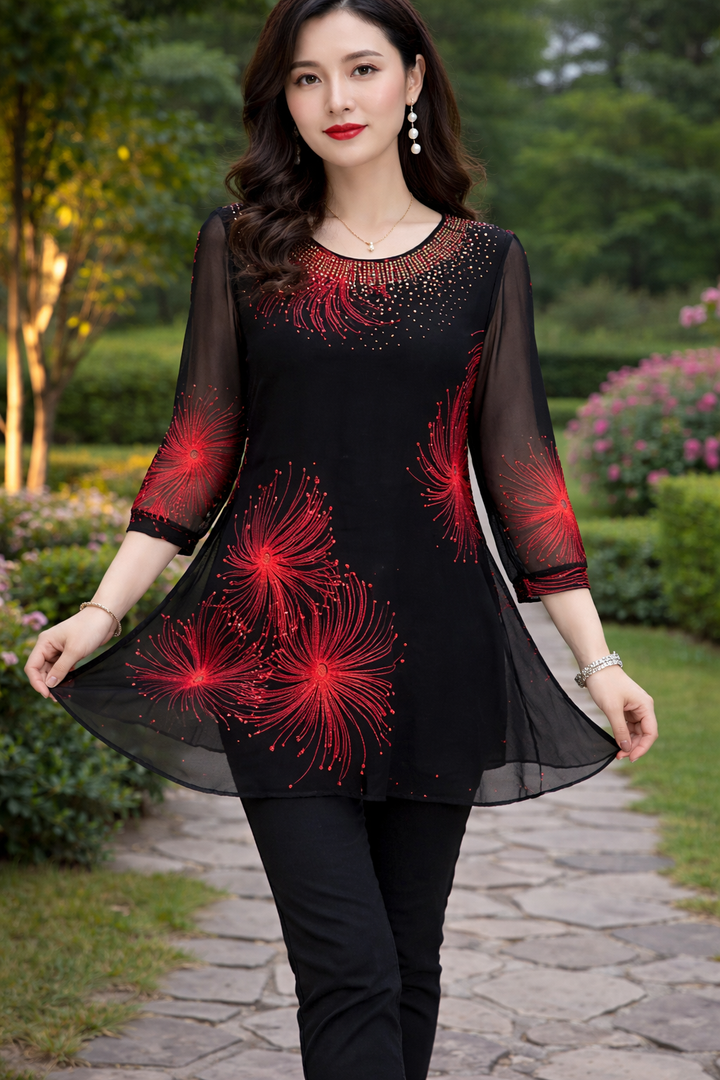 Skirmante - Bedruckte Lappen Oberteile Mit Rundhalsausschnitt