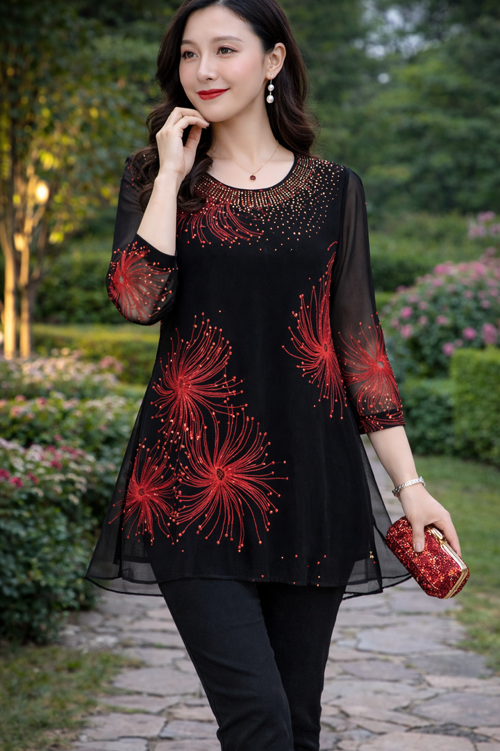 Skirmante - Bedruckte Lappen Oberteile Mit Rundhalsausschnitt