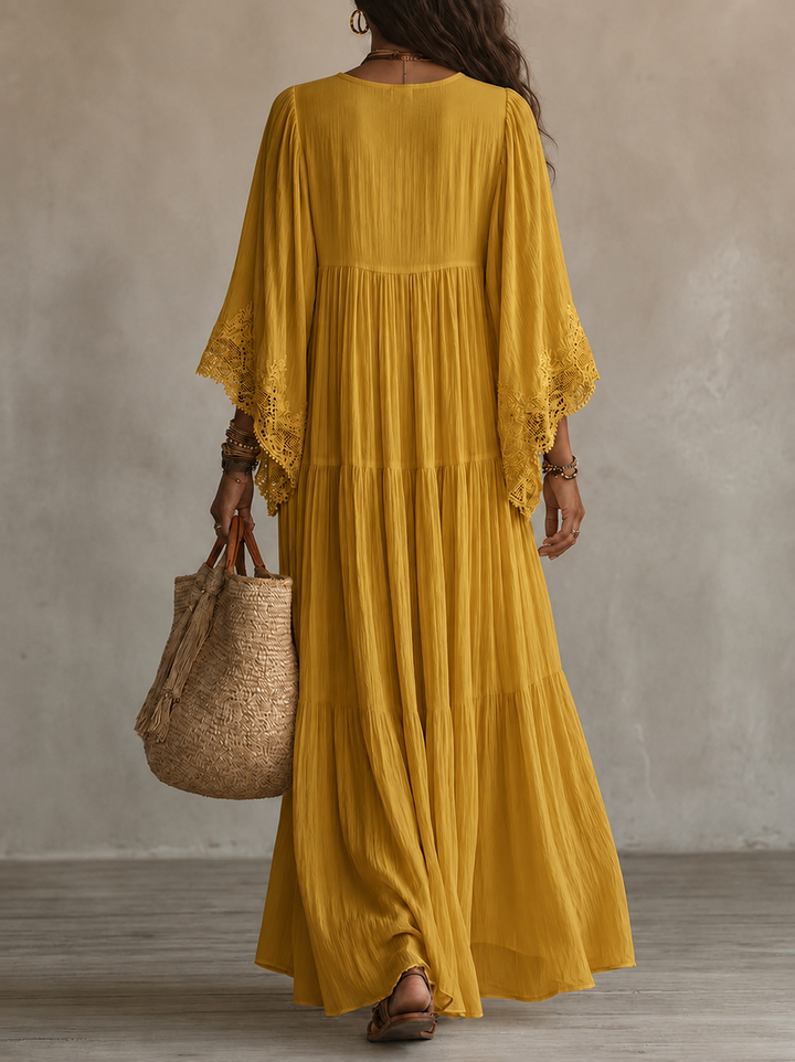 Ainura - Langes Kleid Aus Elfenbeinfarbenem Chiffon Und Spitze