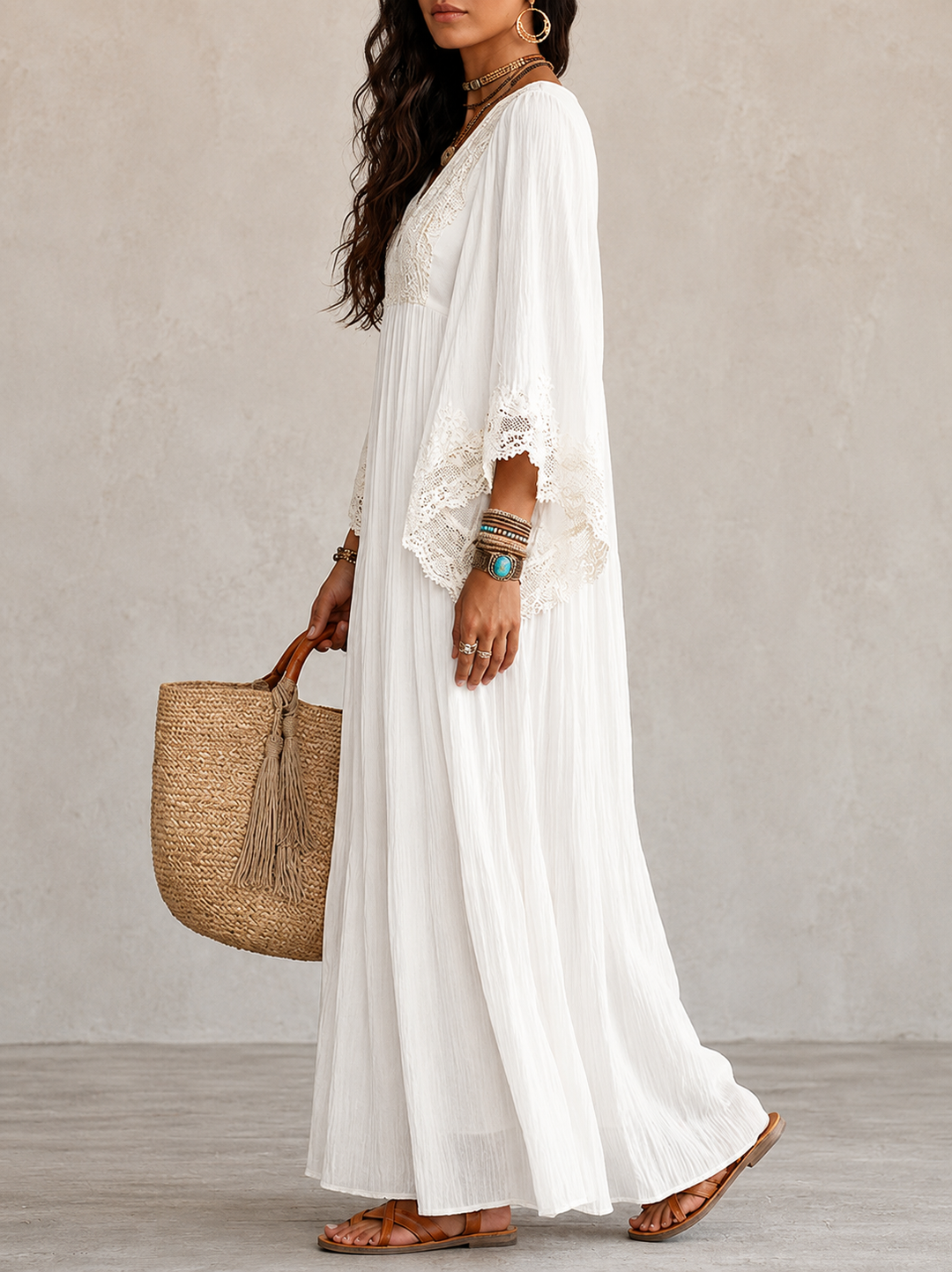 Shimmila – Maxikleid Aus Chiffon Mit Fledermausärmeln Und Spitze