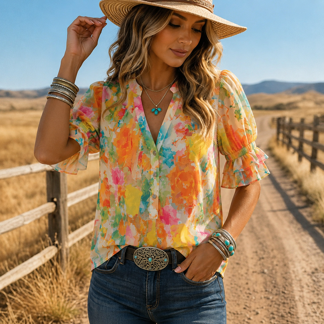 Suda – Bluse mit Blumenmuster, Knopfleiste und Puffärmeln