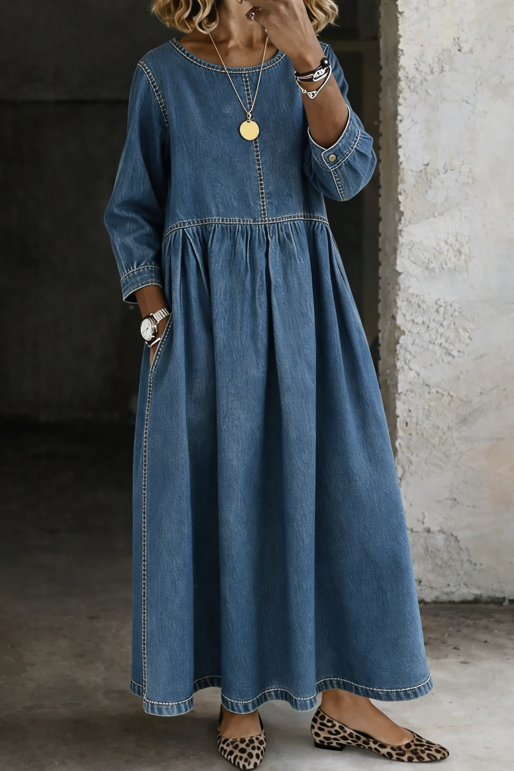 Stelzer – Maxikleid Aus Denim Mit Rundhalsausschnitt